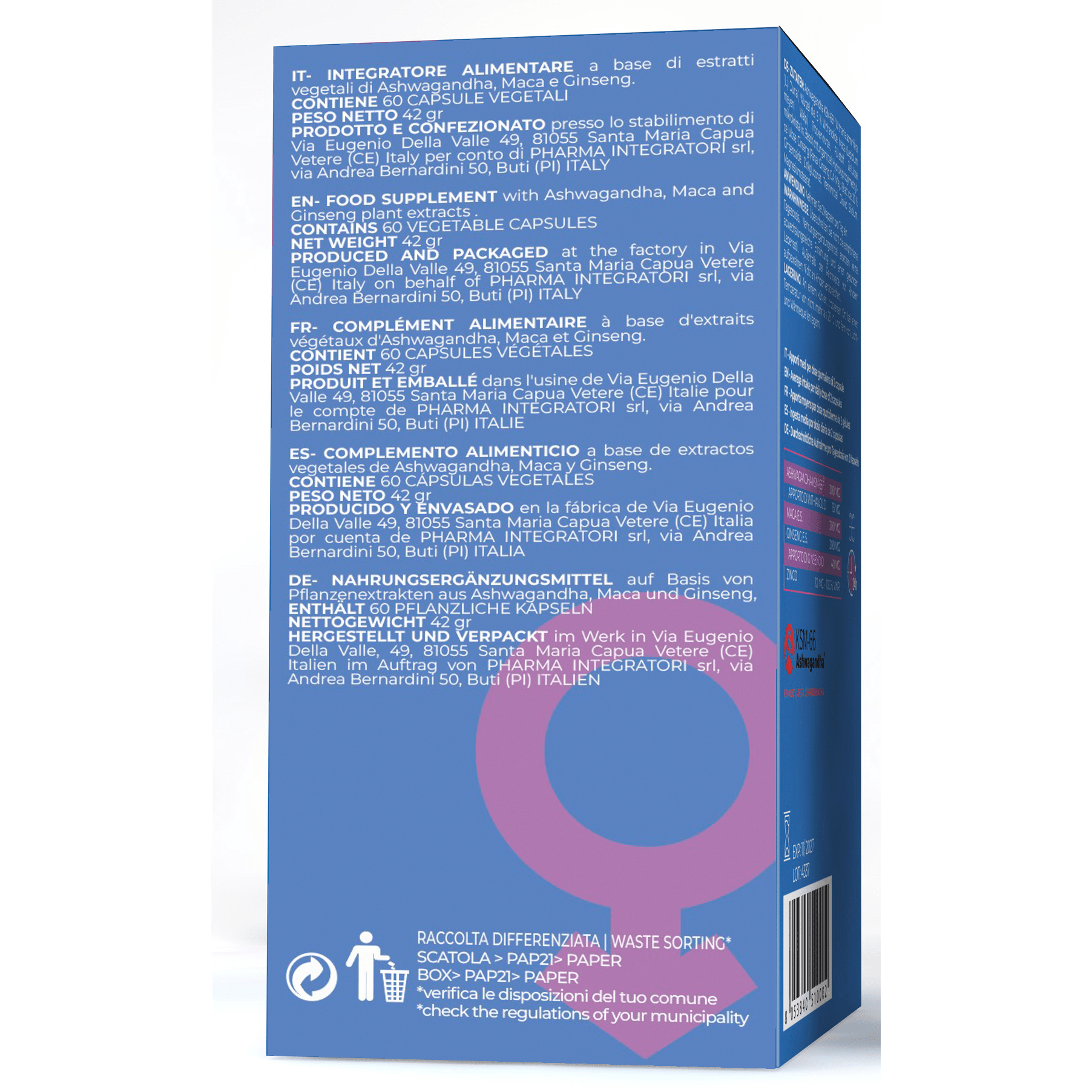 Complementos alimenticios | Integrador Natural con Ashwagandha KSM-66, Ginseng, Gluconato de Zinc, Maca