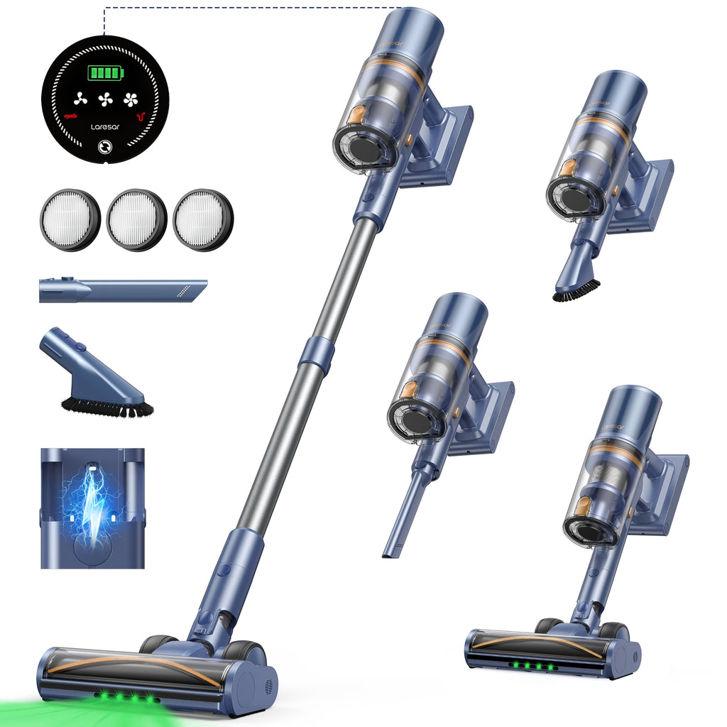 Aspiradora Inalámbrica Laresar V11, 90 Minutos de Autonomía Máxima, 650W, Aspiradora de Mano con Base de Carga, Pantalla Táctil, Aspiradora 6 en 1 para Alfombras/Suelos Duros/Pelo de Mascotas