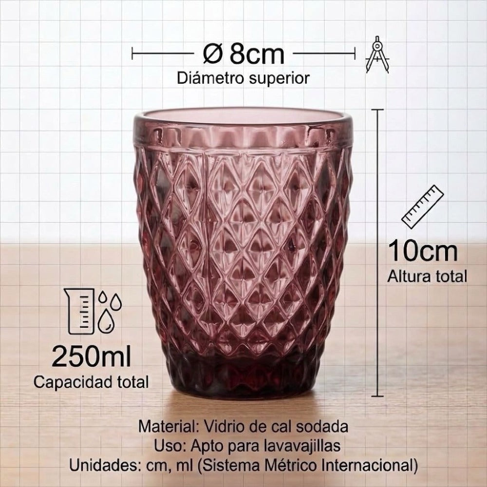 TRESV Set de 6 Vasos de Cristal 250ml | Diseño de Diamante Elegante | Aptos para Lavavajillas | Vidrio Sin Plomo para Agua y Refrescos