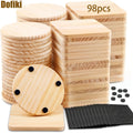 Dofiki 98 posavasos de madera sin acabar (49 redondos y 49 cuadrados) de 4 pulgadas (aproximadamente 10 cm) con pegatinas de almohadilla de espuma antideslizante para manualidades de grabado láser, posavasos de madera para manualidades, teñido y pintura D