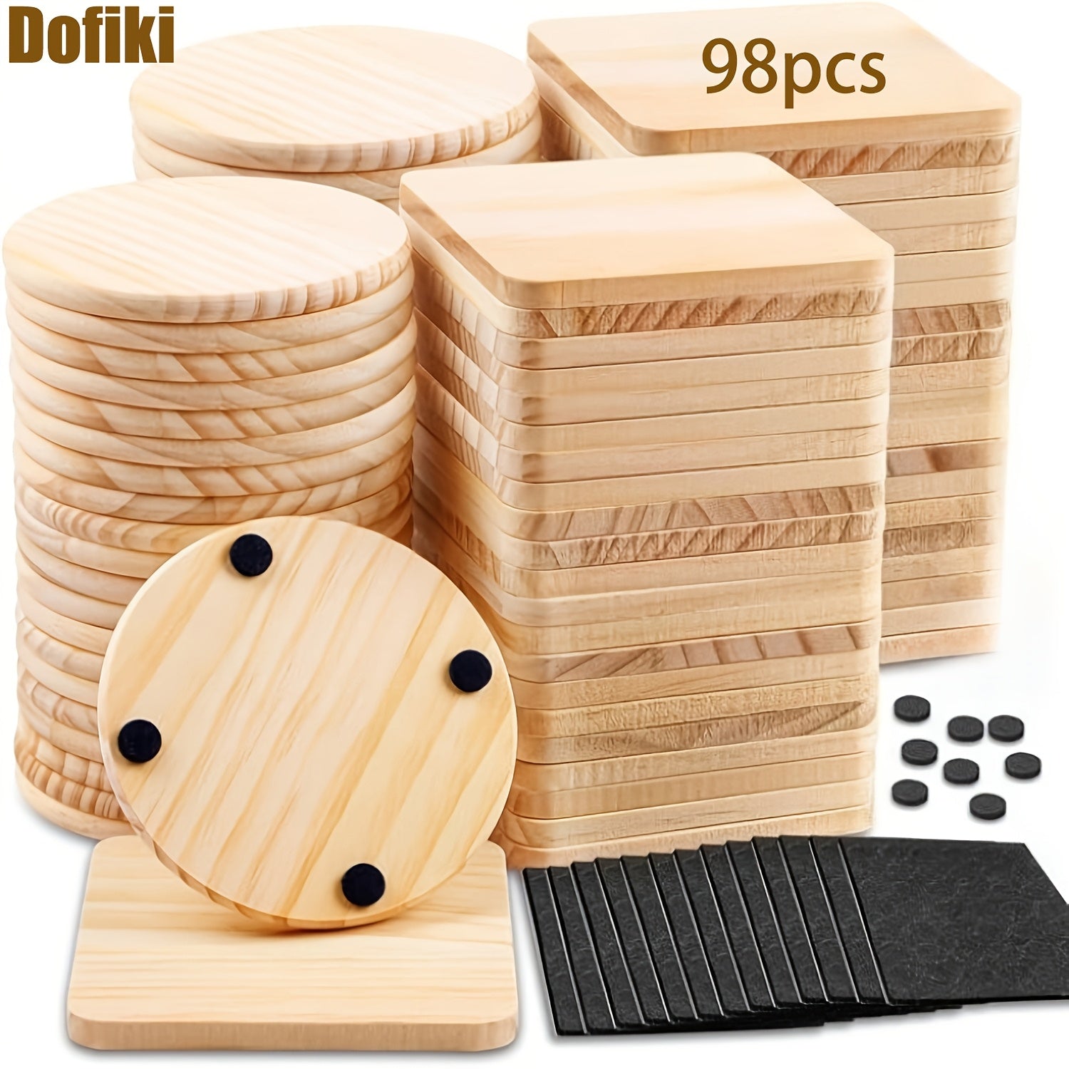 Dofiki 98 posavasos de madera sin acabar (49 redondos y 49 cuadrados) de 4 pulgadas (aproximadamente 10 cm) con pegatinas de almohadilla de espuma antideslizante para manualidades de grabado láser, posavasos de madera para manualidades, teñido y pintura D