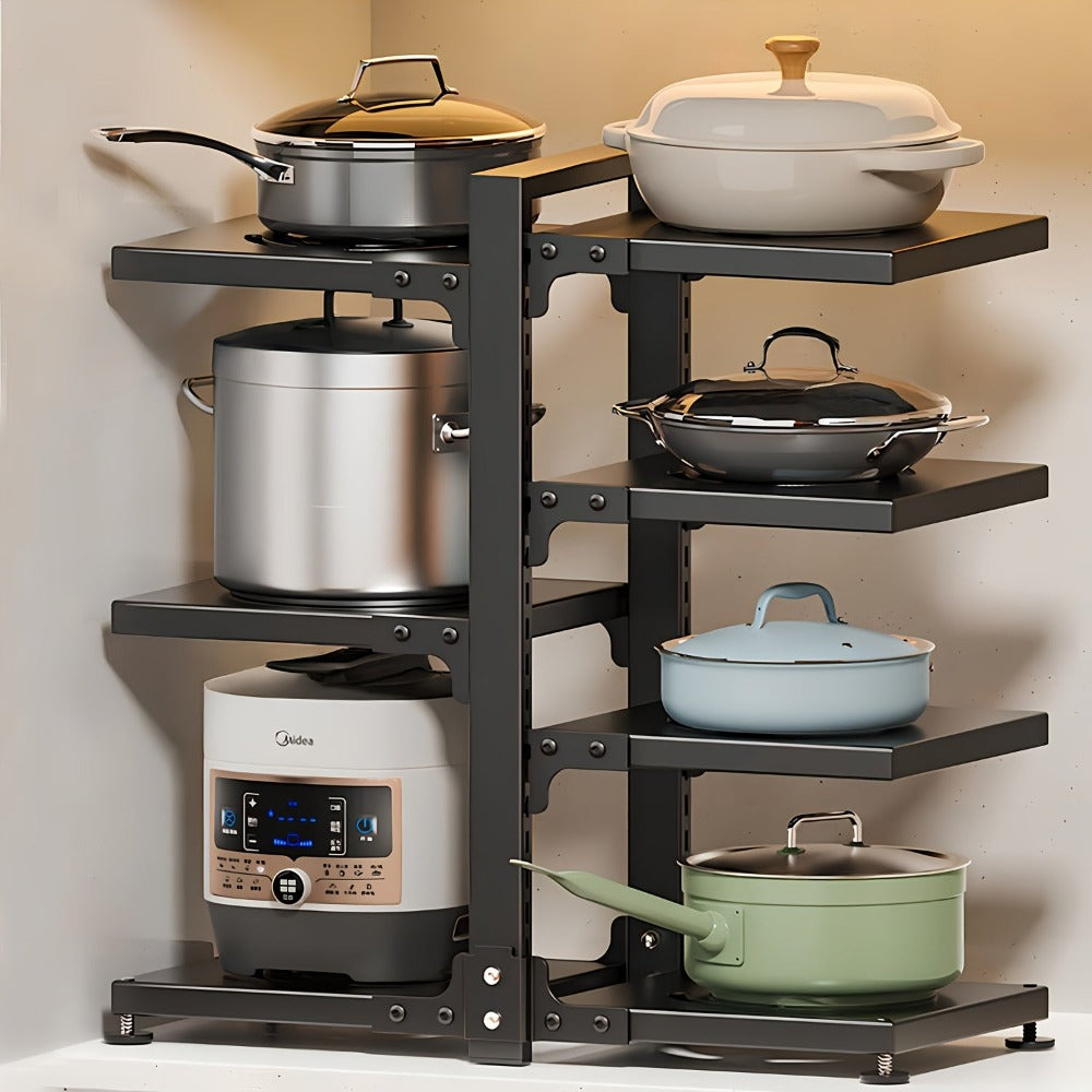 Un estante para ollas robusto con características ajustables y 7 niveles diseñado para guardar ollas, ideal para gabinetes y versátil para usar en encimeras de cocina así como en gabinetes