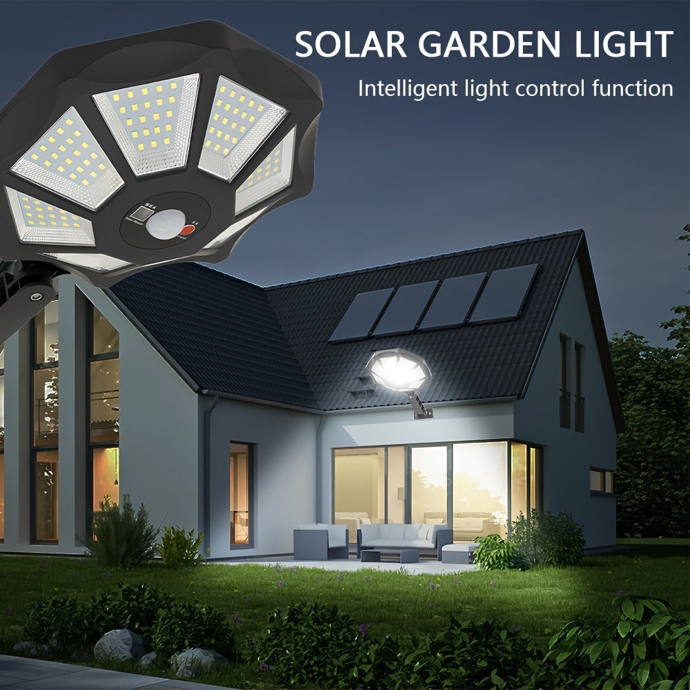 Juego de 2 farolas solares con sensor de movimiento y control remoto, luces solares de jardín de 168 LED con 3 modos de iluminación, reflector de iluminación de ángulo amplio de 360°, para calles comerciales, garajes, patios, terrazas de jardín y emergenc