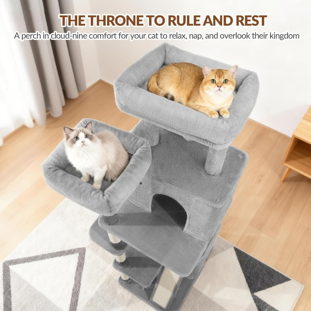 Fobyfurny Árbol para Gatos, Torre de 178cm para Gatos de Interior, Marco de Escalada para Gatos de Múltiples Niveles con Postes Rascadores, Tabla Rascadora, 2 Condominios Cómodos, 2 Perchas, Pompones, Lugar de Descanso