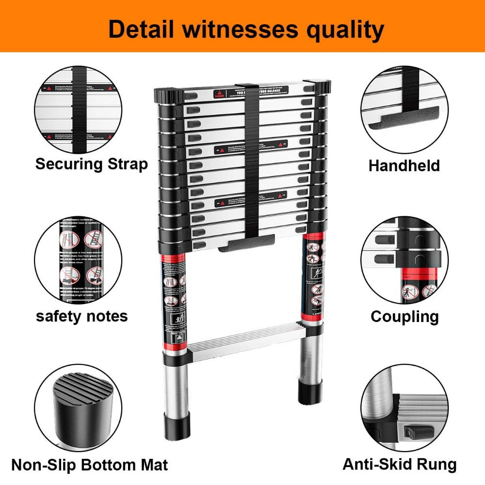 Escalera Telescópica Recta Profesional, Escalera de Extensión Multiusos con Ganchos de Seguridad Removibles, Escalera de Escalones Portátil Antideslizante para Mantenimiento de Canaletas de Techos y Acceso a Viviendas Altas, Escalera Retráctil Multiusos d