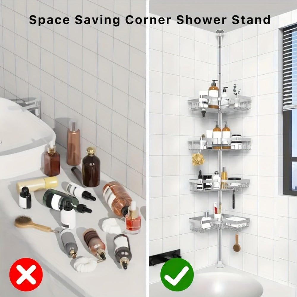 Estante de esquina ajustable de acero inoxidable para baño, 4 niveles, resistente al óxido, con soporte de tensión para ducha, con ganchos y jabonera, ideal para bañera/ducha (63.5-290 cm), organizador de almacenamiento de baño de alta gama sin taladro