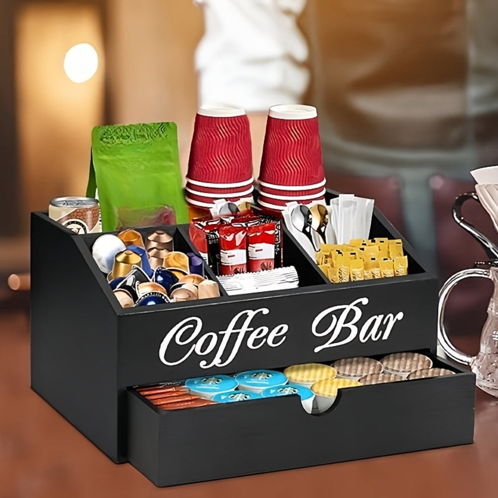 Organizador de barra de café Deluxe Freestable con cajón - Madera, apto para cápsulas de café, suministros de té, sobres de azúcar y cremas | Estación espaciosa para encimera, oficina, cafetería | Organizador de cajón para regalos de Navidad