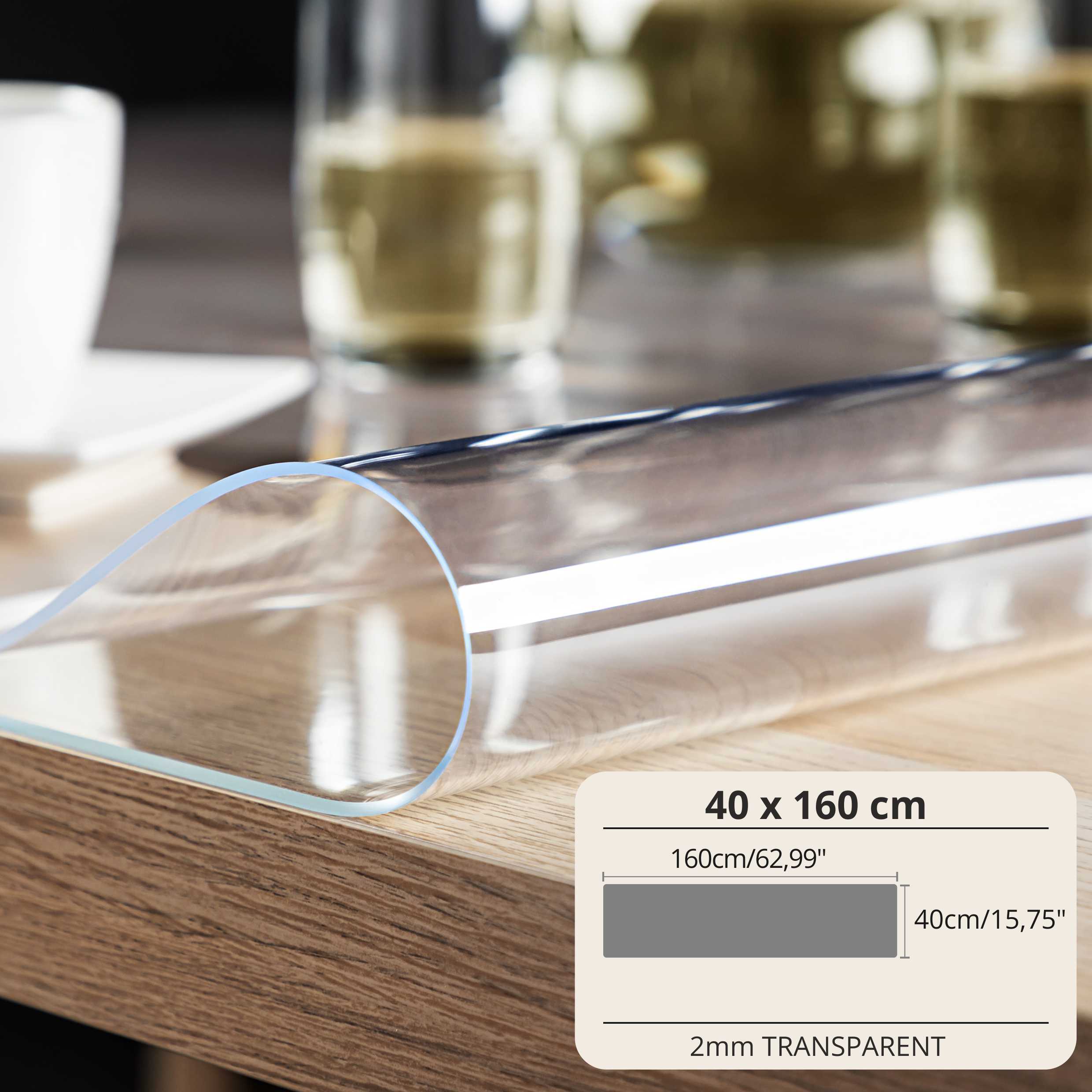 Mantel Protector con PVC 2Mm - Ancho 40Cm - Mantel Suave Transparente Resistente a Arañazos Y Agua, Protector de Mesa Fácil de Limpiar, Lámina de Mesa Duradera para Cocina, Comedor, Restaurante, Oficina Y Hogar - 40X40Cm, 40X50Cm, 40X60Cm, 40X70Cm, 40X80C