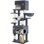 Rascador para Gatos, Árbol de 178 cm con Plataforma Grande, 2 Cuevas, 7 Postes Rascaresos, Pompones, Reposaderos y Hamaca, Adecuado para Todas las Razas de Gato, Gris Claro