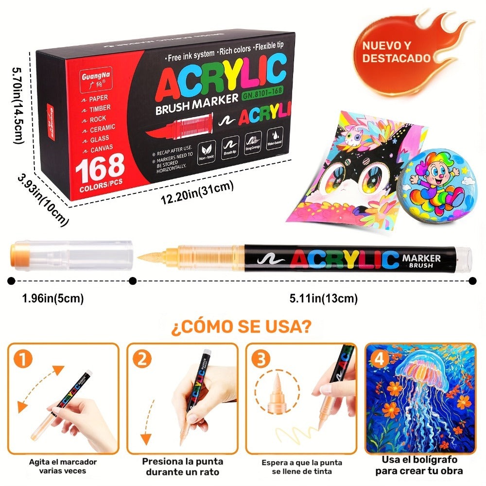 Rotulador de 168 colores con punta de pincel suave, ideal para usar en roca, madera, lienzo, piedra, vidrio y cerámica - Punta anti-compresión para una aplicación suave - Perfecto para manualidades, regalos navideños y proyectos artísticos