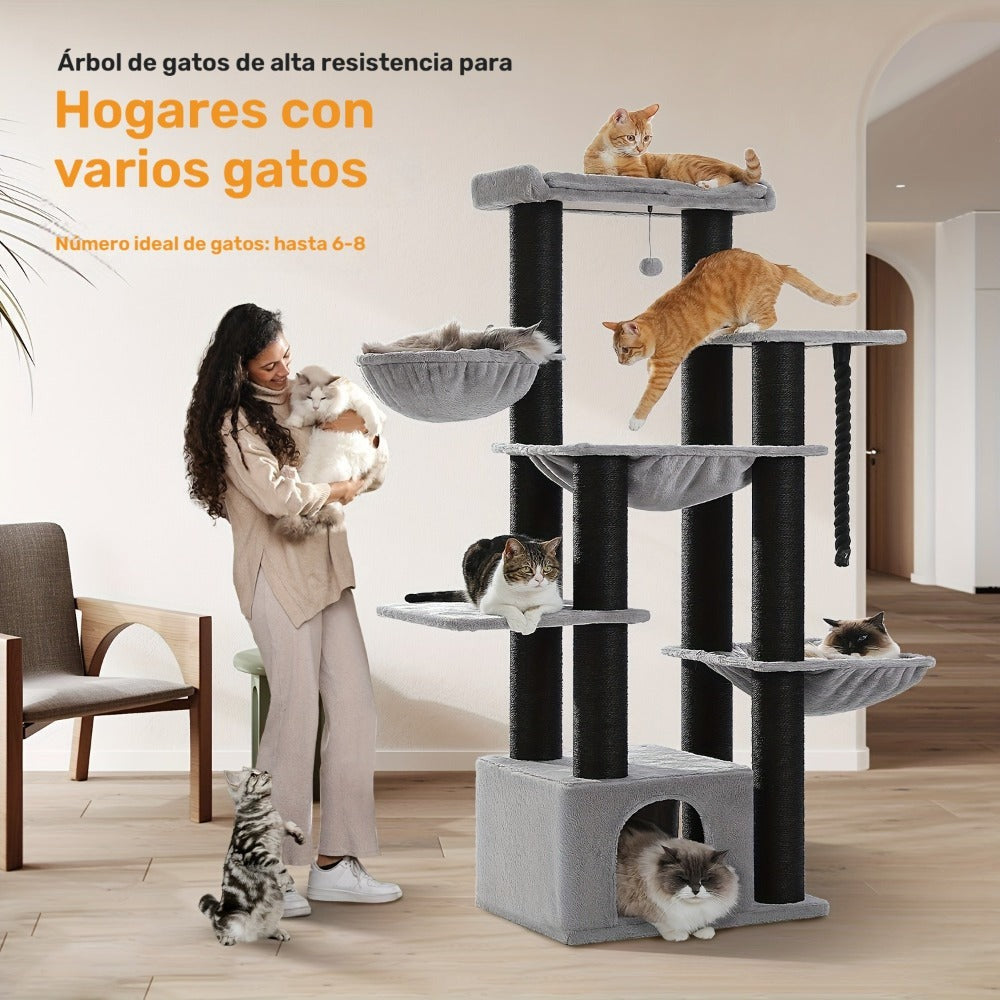 Árbol para Gatos Grande - Torre para Gatos de 170 cm de Altura para Gatos Adultos de Interior con 13 Postes de Rascado Negros Gruesos (10.9 cm), Condominio para Gatos de Múltiples Niveles, Plataforma Súper Grande y Hamacas para Maine Coon de 9 kg