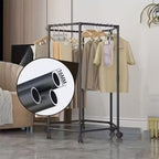 Perchero hexagonal giratorio con ruedas - Colgador de pie giratorio 360°, estructura de metal resistente, diseño portátil que ahorra espacio para lavadero, exhibición de boutique y almacenamiento en el hogar, perchero para ropa, construcción duradera con