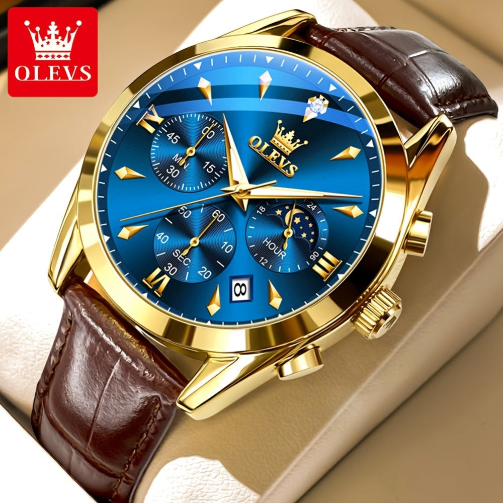 OLEVS Reloj para Hombre Clásico Cronógrafo Cuero Marrón Caja Dorada Analógico Cuarzo Moda Negocios Vestir Cara Grande Reloj de Hombre Día Fecha Luminoso Casual Reloj de Pulsera Masculino Regalos Románticos Relojes De Hombre Azul/Negro/Blanco/Marrón Esfera