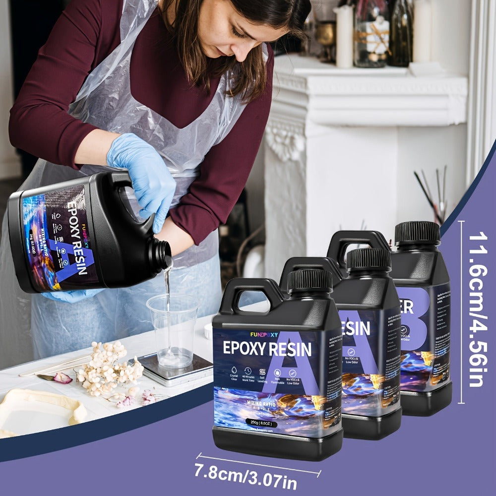 FUNEPOXY High Gloss Super Clear Kit de resina epoxi de vertido profundo 2:1 - Rápido, sin burbujas, de bajo olor, fácil de usar, alta durabilidad, acabado cristalino para hacer joyas, tableros de mesa de río, vasos, moldes, pintura artística sobre madera