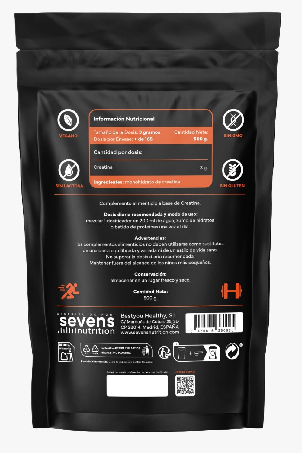 Pack 2x Creatina Monohidratada en Polvo Sin Sabor – 1000 g Totales – Creatina Micronizada 100 % Pura – Vegana y Sin Gluten – Sevens Nutrition