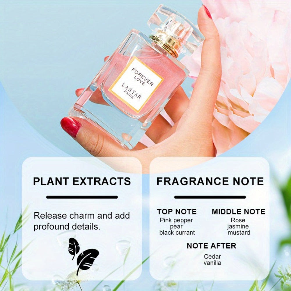 LASTAR Paris Forever Love Perfume 1.86Oz, Aroma Floral Romántico con Rosa, Jazmín, Vainilla y Pachulí, Fragancia Suave y Fresca, Larga Duración, Elegante Botella de Vidrio Rosa con Tapa Dorada, Regalo de Festival para Unisex