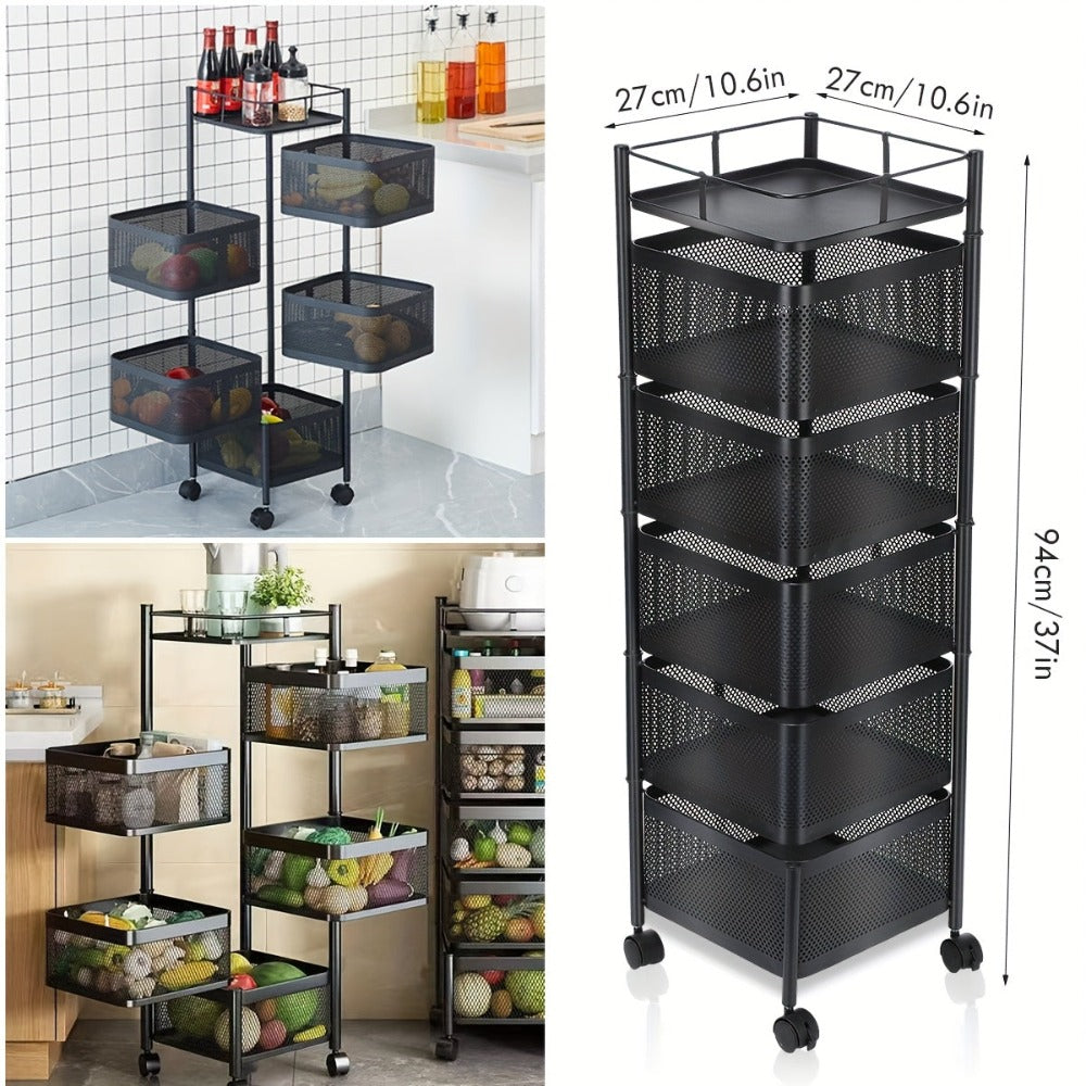Carro Giratorio de Cocina de 5 Niveles con Ruedas, Unidad de Estantería Móvil de Marco Metálico Grande, Ideal para Despensa, Portafrutas, Verduras, Ahorrador de Espacio para Uso Doméstico o Comercial, Estante de Pie