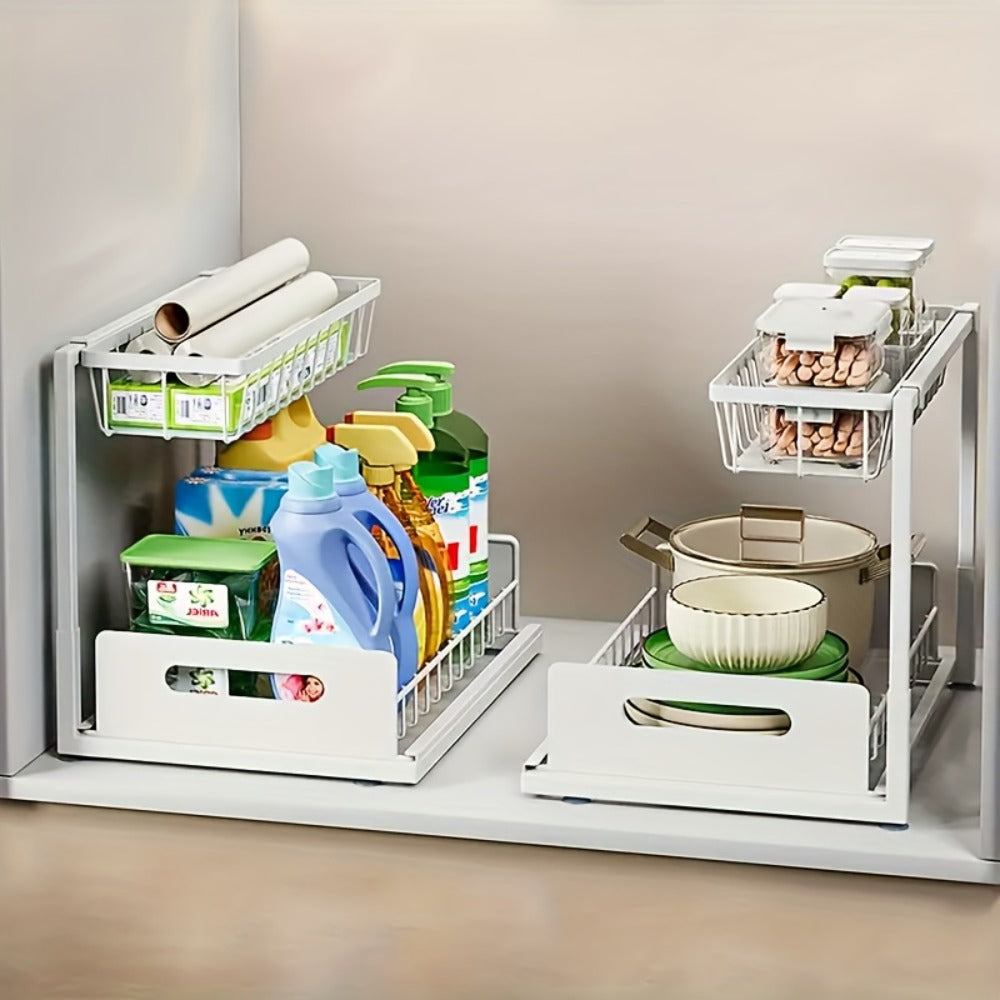 Organizador de Doble Capa para Debajo del Fregadero - Estante de Almacenamiento Extraíble de Plástico Resistente, Diseño Impermeable y Antioxidante que Ahorra Espacio, Adecuado para Cocina, Baño, Despensa, Lavandería - Fácil de Instalar