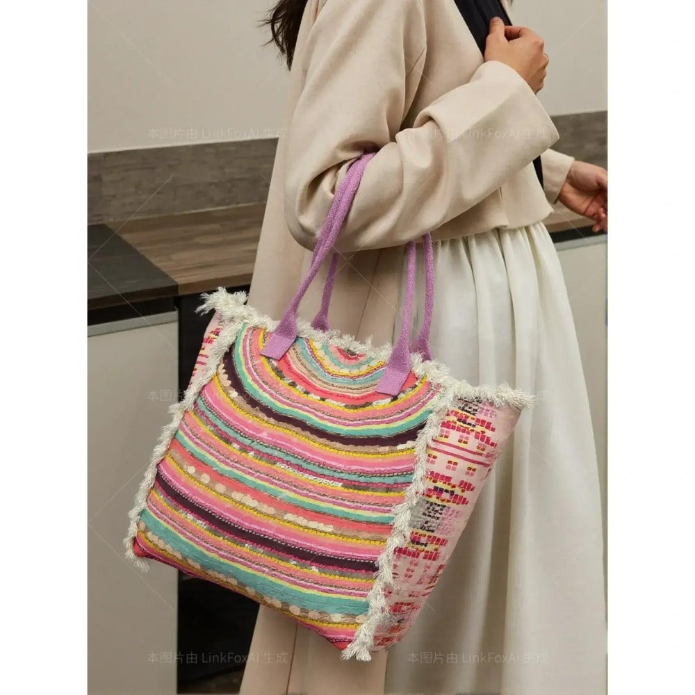 MEJORADA Bolso de playa grande con estampado bohemio, ideal para verano, con flecos de algodón, forro interior y bolsillos, 55×37×19 CM, tejido 100% poliéster