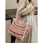MEJORADA Bolso de playa grande con estampado bohemio, ideal para verano, con flecos de algodón, forro interior y bolsillos, 55×37×19 CM, tejido 100% poliéster