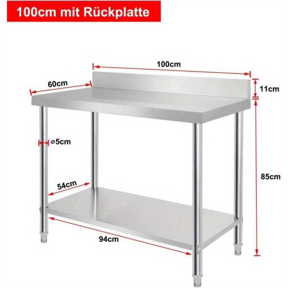 Mesa de trabajo de acero inoxidable con respaldo, mesa de comedor con patas ajustables y mesa de cocina inferior extra grande, capacidad de carga de hasta 250 kg