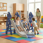 Tobogán infantil 4 en 1, tobogán con columpio y canasta de baloncesto, longitud del tobogán 145 cm, parque infantil multifuncional, para uso en interiores y exteriores, con peldaños y soportes extra anchos