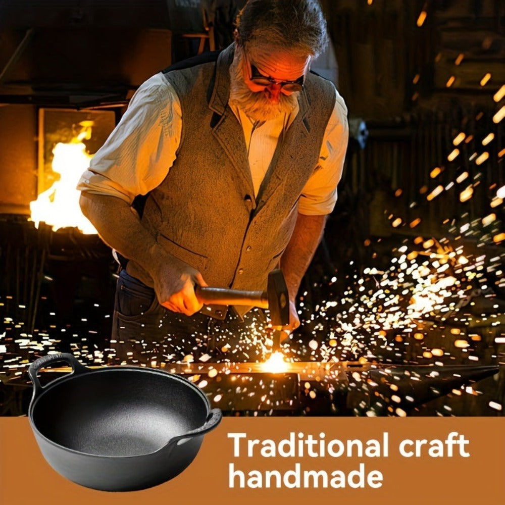 Wok de hierro fundido de 7.87 pulgadas con mango de anillo — Wok pre-temperado con revestimiento antiadherente y fondo plano, apto para placas de inducción, estufas de gas, estufas eléctricas, hornos y parrillas. Incluye una tapa. Ideal para camping inter