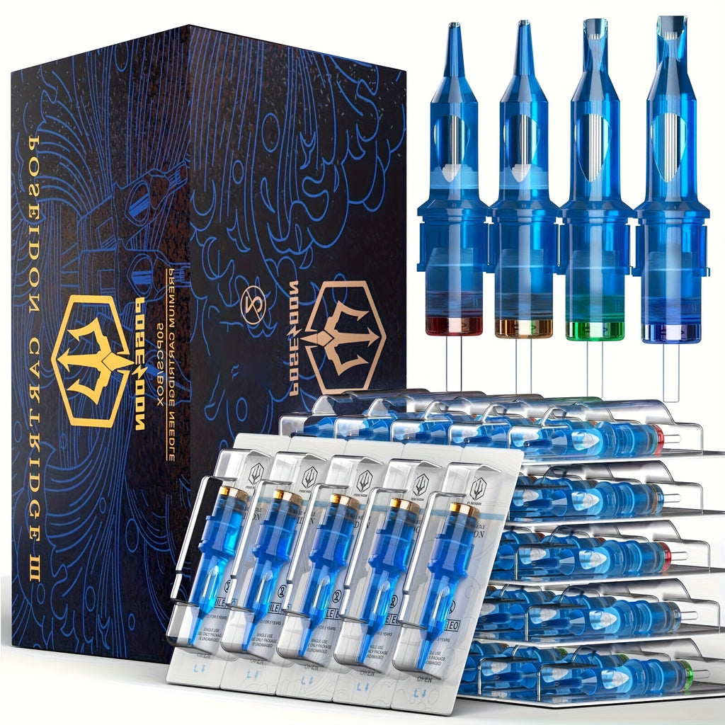 Agujas de Cartucho para Tatuaje POSEIDON V3 50pcs Tamaño Mixto, Agujas Estériles con Cartuchos de Seguridad con Membrana - 1203Rl, 1205RL, 1207RL, 1209RL, 1207RM, 1209RM, 1205RS, 1207RS, 1209RS, 1207M1