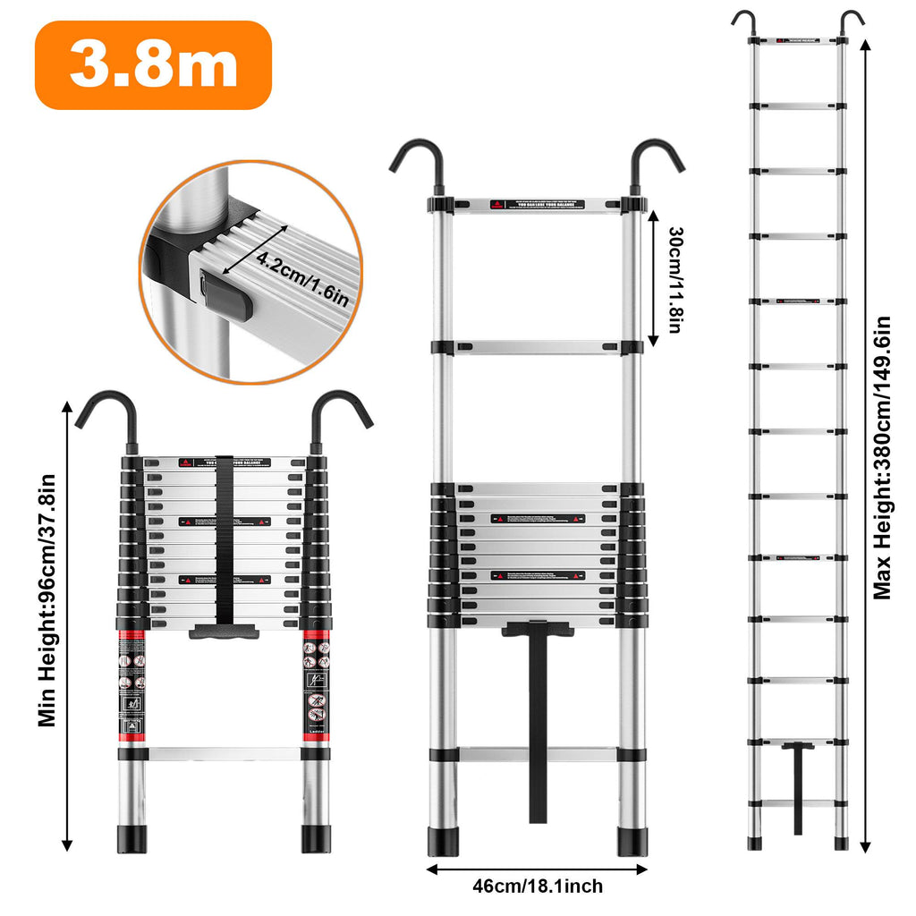 Escalera Telescópica Recta Profesional, Escalera de Extensión Multiusos con Ganchos de Seguridad Removibles, Escalera de Escalones Portátil Antideslizante para Mantenimiento de Canaletas de Techos y Acceso a Viviendas Altas, Escalera Retráctil Multiusos d