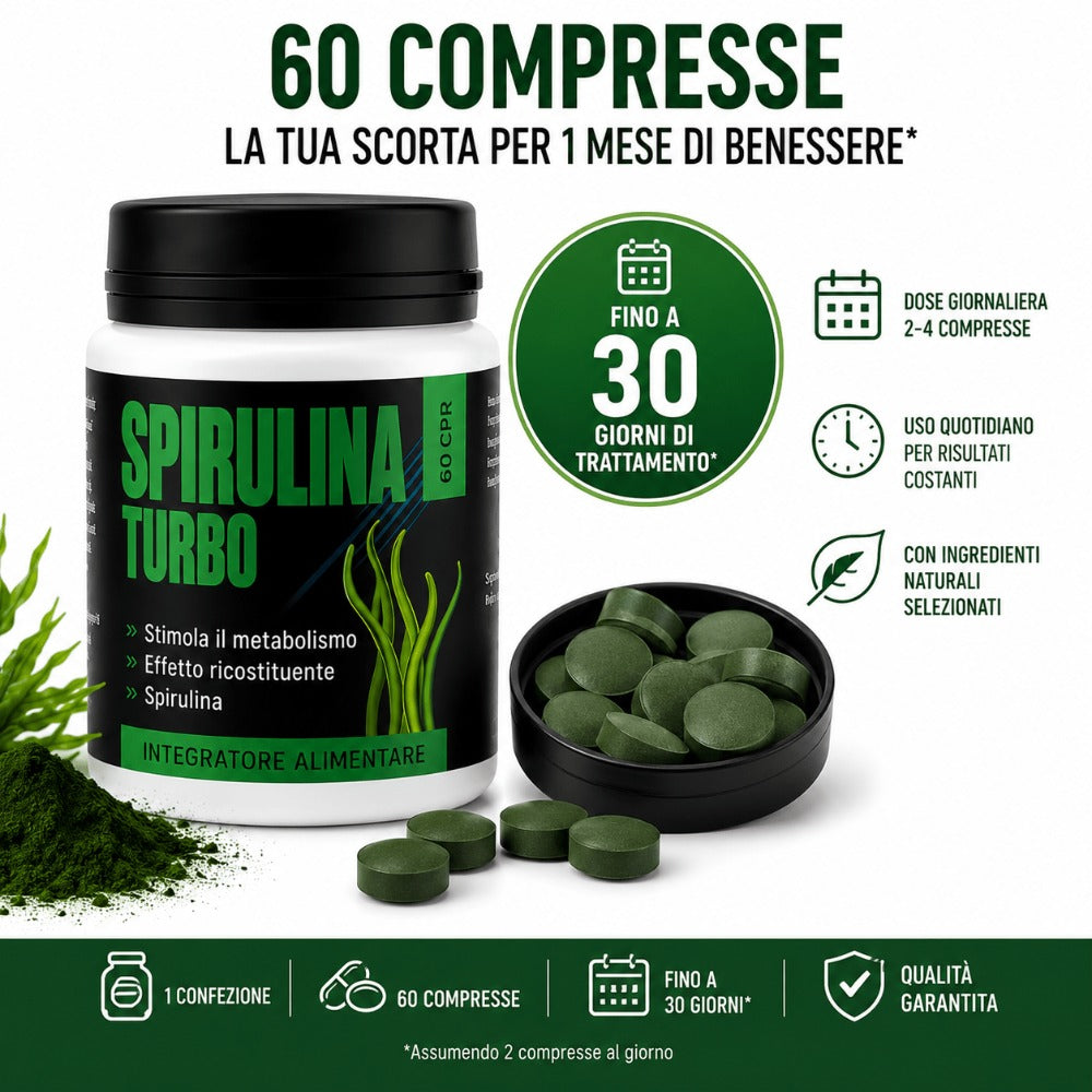 Spirulina Turbo – Suplemento Dietético a Base de Espirulina – 60 Tabletas Veganas de 500 mg – Apoyo para la Rutina Diaria y el Bienestar