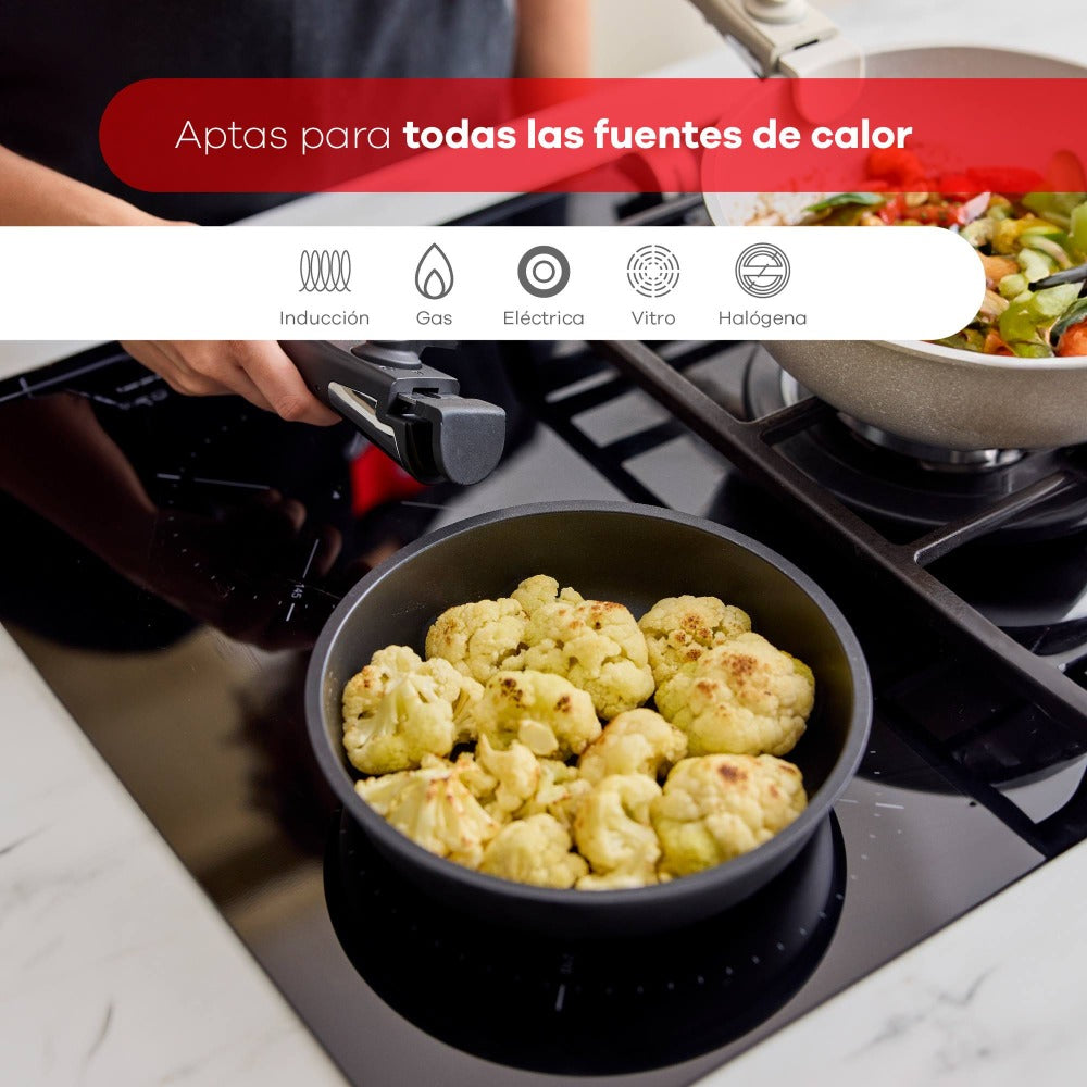 Bergner Click&Cook Batería de cocina 10 Pzs Mango extraíble, 3 Sartenes, 2 Cazos, Tapas y Utensilios Aluminio revestimiento antiadherente
