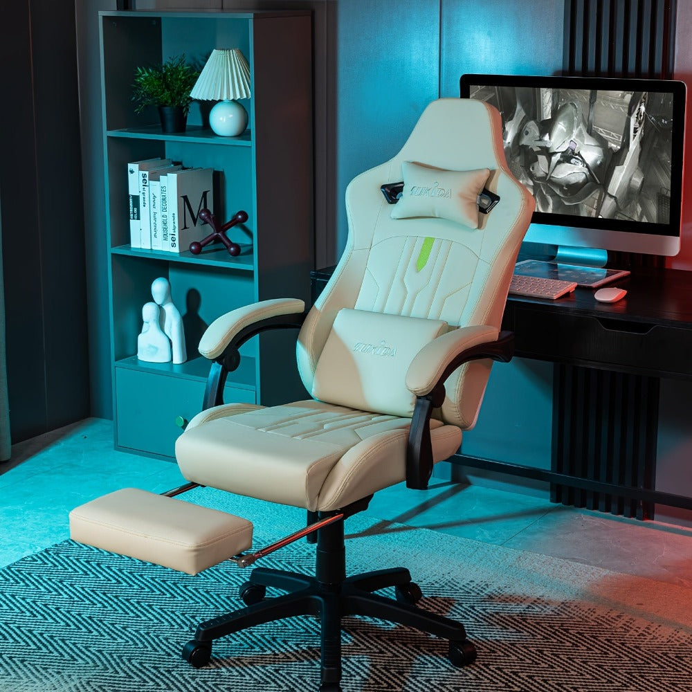 Silla de Juego y Oficina, Silla de Computadora con Reposapiés, Reposacabezas y Soporte Lumbar, Silla Ergonómica, Silla Giratoria y Ajustable en Altura, Opciones en Gris, Beige, , Marrón y Verde