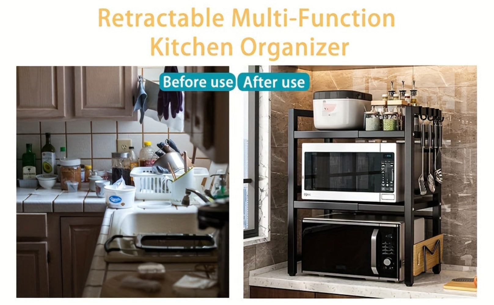 Estante para Microondas de 3 Niveles Extensible con 6 Ganchos, Estante de Cocina, Organizador de Especias, Organizador de Gabinete para Cocinas, , Extensible de 40 a 64 cm