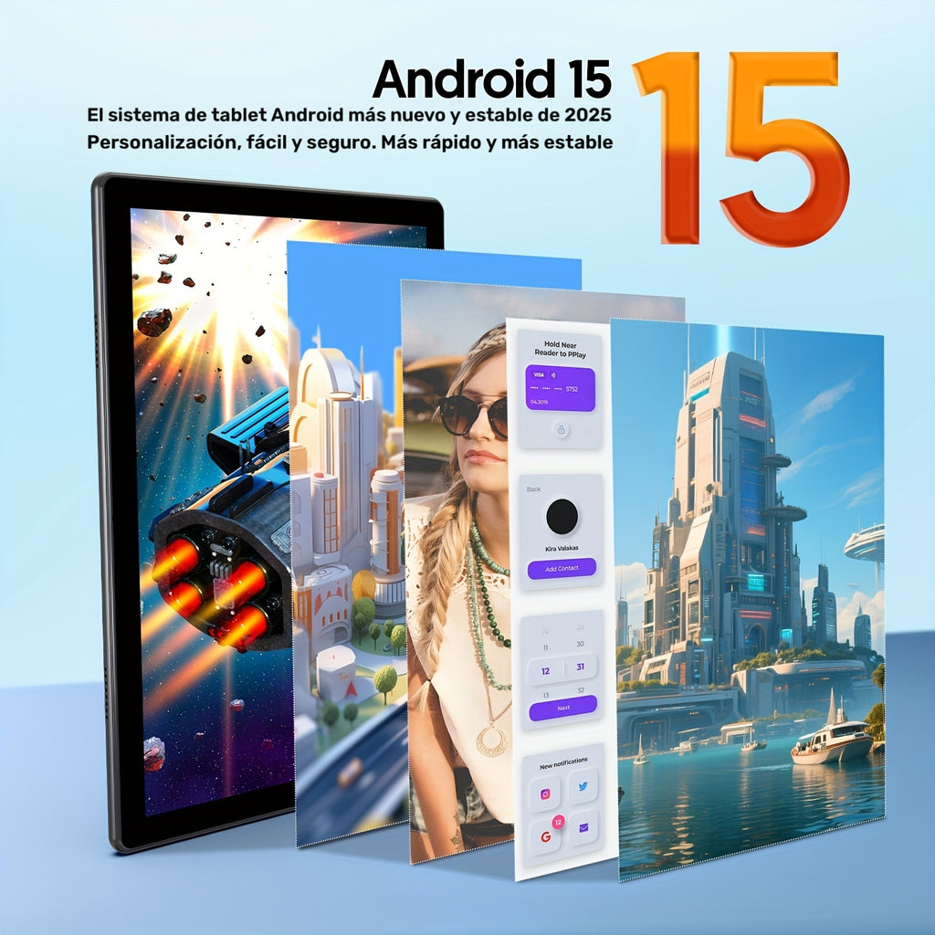 Tablet | Tablet Android 15 de 10 pulgadas, 12 (3+9) GB de RAM, 64 GB de ROM, Procesador Quad Core, Cámara de 2.0MP+8.0MP, 6000mAh, Múltiples
