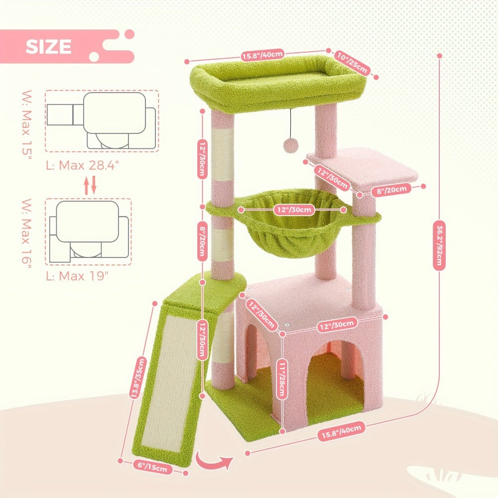 Árbol para Gatos de Interior PAWZ con Gran Apartamento, 1 Tablero de Sisal, 3 Postes Rascadores, Torre Rascadora para Gatos con Hamaca Grande y Percha de 90cm