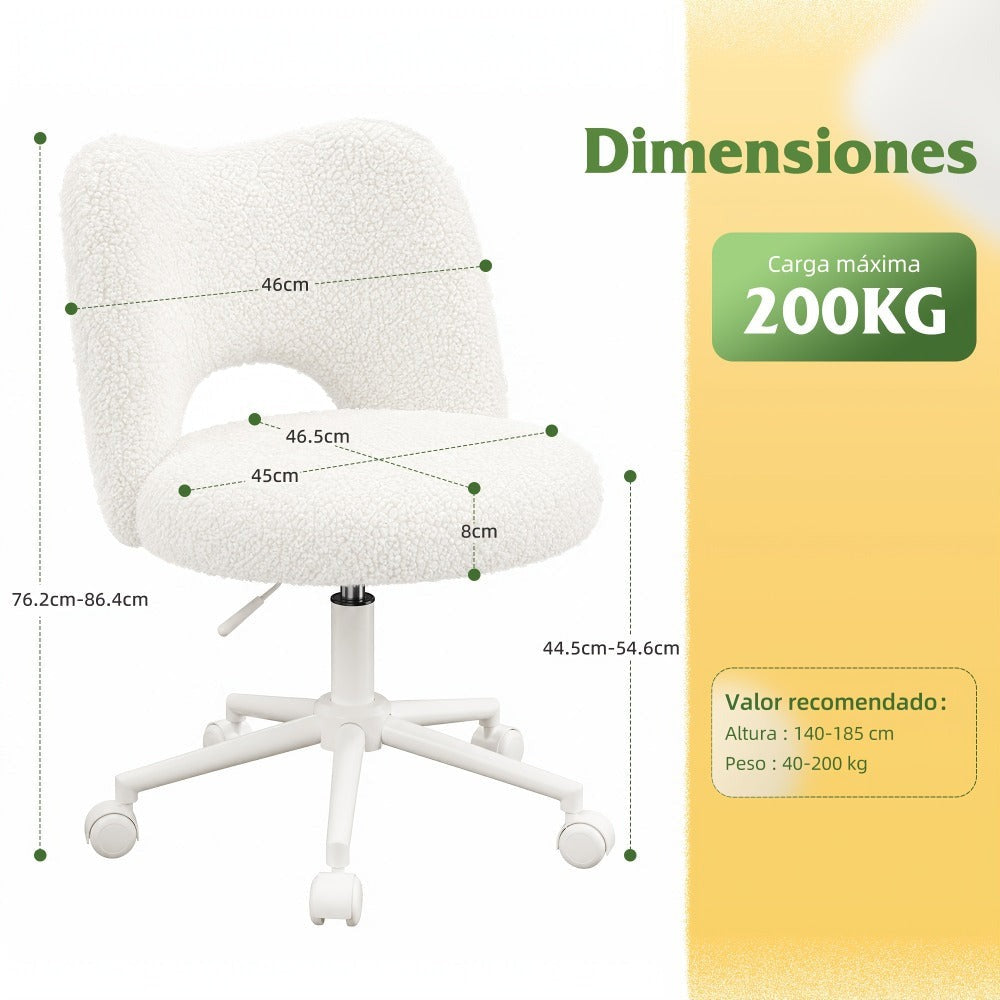 Klyvvo Silla de Escritorio con Ruedas, Silla de Maquillaje con Tejido Teddy Transpirable, Altura Ajustable, Ideal para Oficina, Hogar, Regalo Familiar, Soporta Hasta 150 Kg, Disponible en Rosa, Blanco y Gris