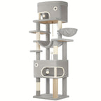 Árbol para Gatos, 203 cm con Plataforma Grande, Cueva Doble, 7 Postes Rascadores Pomponas Reposadería Hamaca Adecuado Para Todo TipodeGato Gris Claro/grisescuro Beige