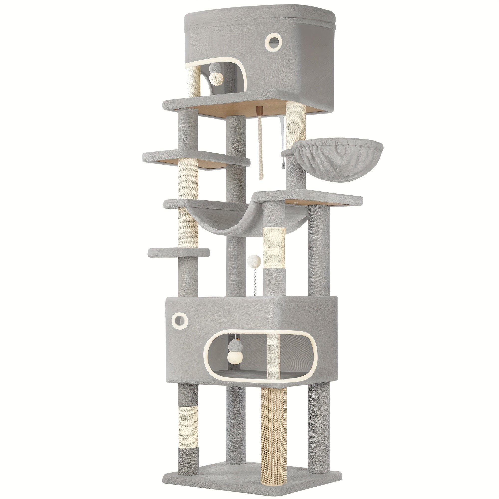 Árbol para Gatos, 203 cm con Plataforma Grande, Cueva Doble, 7 Postes Rascadores Pomponas Reposadería Hamaca Adecuado Para Todo TipodeGato Gris Claro/grisescuro Beige