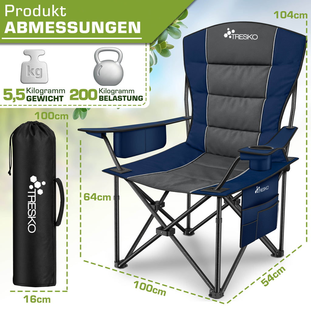 TRESKO® Silla de Camping Plegable hasta 200Kg | Silla Plegable con Bolsa Nevera, Portavasos y Bolsillo Lateral | Silla XXL Plegable Incluye Bolsa de Transporte | Silla de Pesca Acolchada para Exterior, Pesca, Festival y Jardín