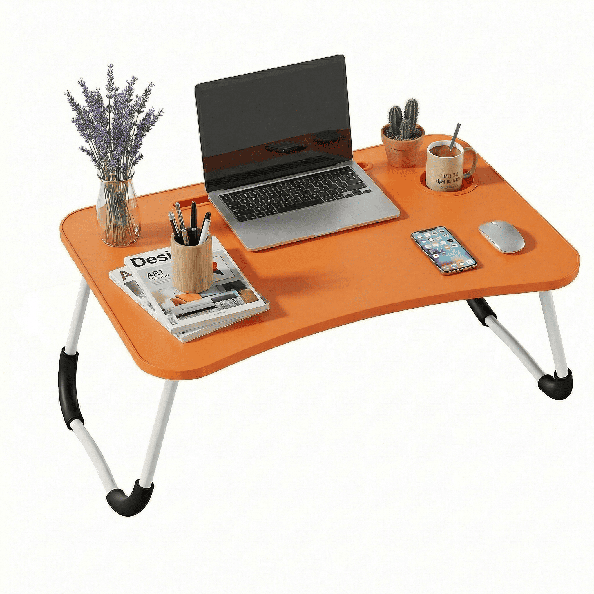 Mesa plegable para cama y sofá con portavasos, mesa auxiliar multifunción con atril para leer en la cama, bandeja multifunción para ordenador, libros, trabajo y estudio en casa (50x30x22cm)