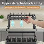 1pc Organizador de Platos de Metal - Organizador de Encimera de Cocina Ahorrador de Espacio con Escurridor, Soporte para Utensilios y Ganchos para Tazas, Estante Plegable de Dos Niveles para Platos, Tazones, Cubiertos - Ideal para Cocinas Domésticas y Com