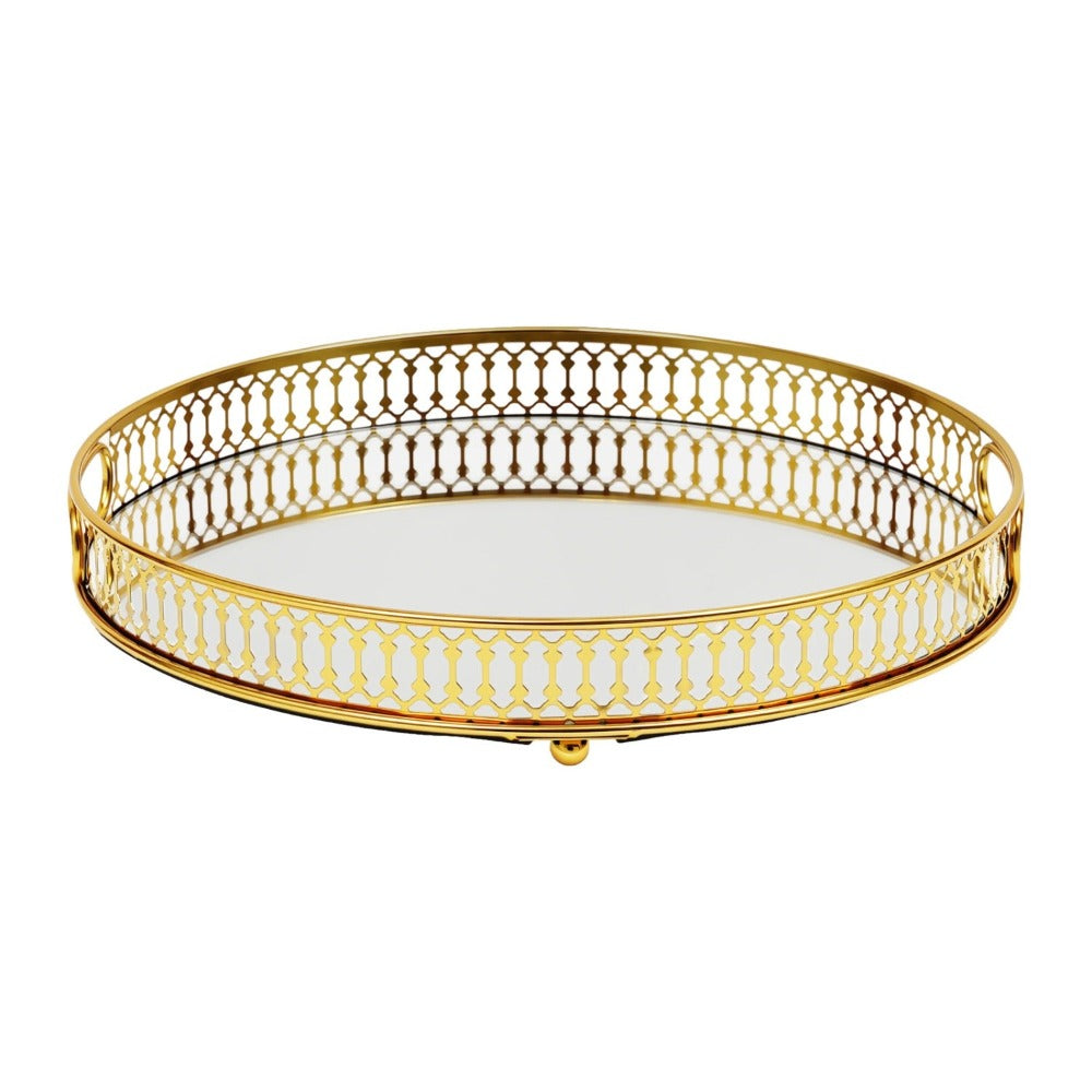 Bandeja redonda de cristal dorado con espejo y compartimentos de cristal - Bandeja de servir decorativa adecuada para tocador, estante de baño, expositor de perfumes, marco de espejo para encimera, almacenamiento de cómoda - Cristal elegante