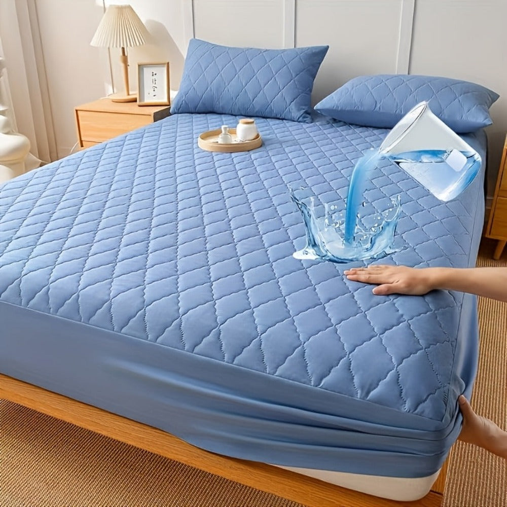 1 Protector de colchón, no incluye funda de almohada ni relleno, diseño de patrón recto impermeable de color sólido, suave y cómodo con tecnología de estampado en relieve sónico, lavable a máquina para dormitorio, hotel, residencia estudiantil, uso en 4 e