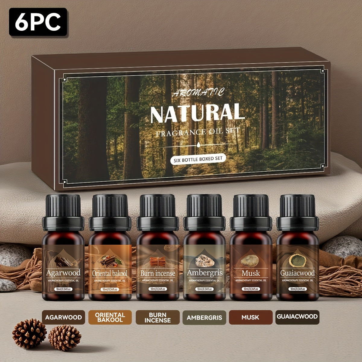 Un set de 6 aceites esenciales perfumados de madera para regalos de Ramadán, regalos de Pascua, que incluye difusor, velas perfumadas, quema incienso, piedras de incienso, humidificador, para coche y recambios de aceites esenciales para el hogar