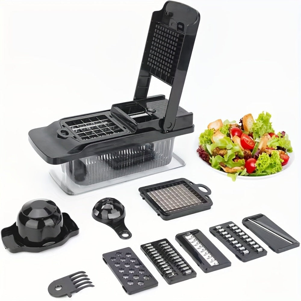 Cortador de verduras, picador de cebolla profesional, picador de alimentos multifuncional, rebanadora y cortadora de verduras de cocina, cortador de verduras con múltiples cuchillas, picador de zanahorias con recipiente y separador, almacén local, regalo