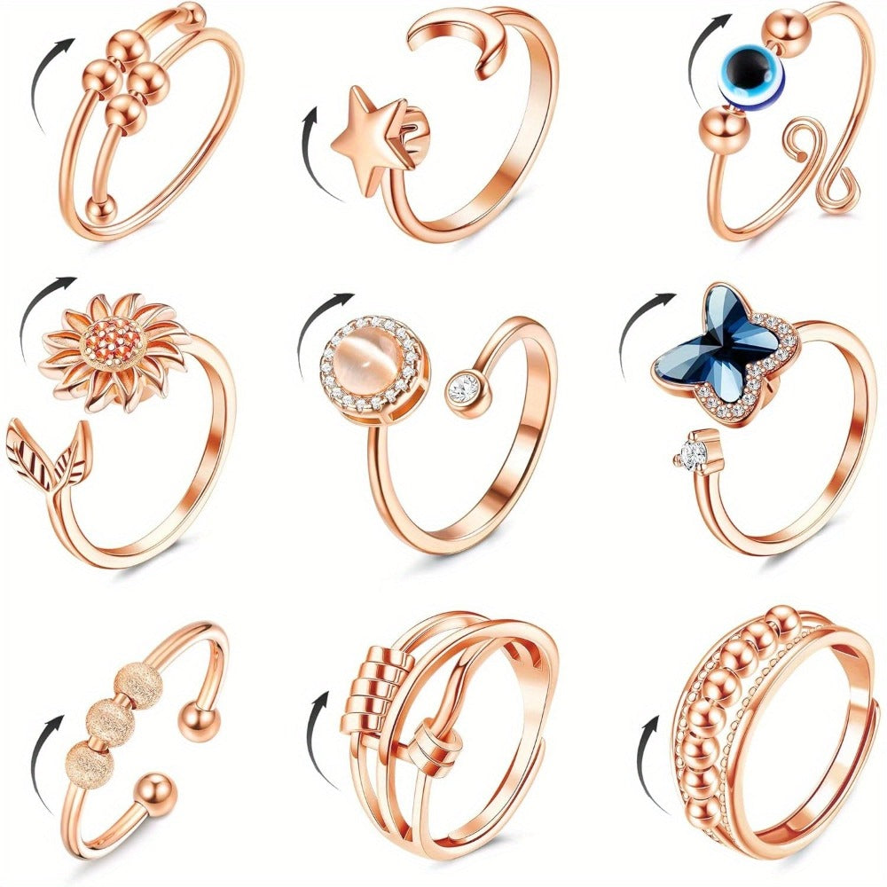 9 anillos Fidget Spinner para mujeres y hombres, anillos abiertos CZ con forma de flor, luna y estrella, anti giratorios, ajustables