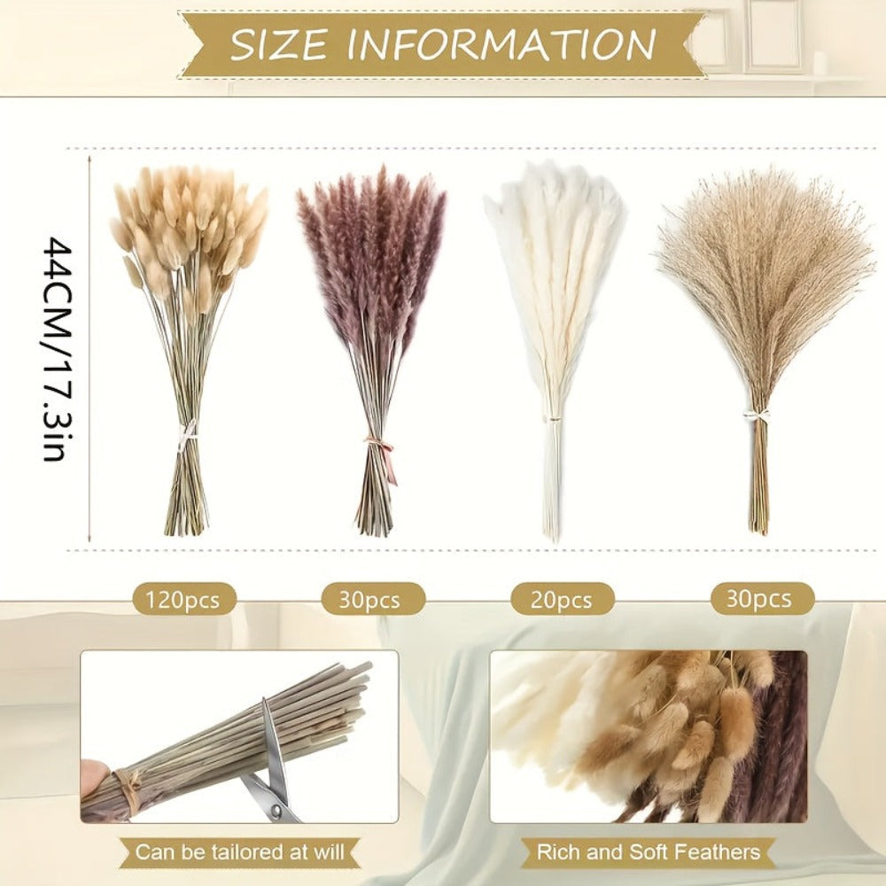Ramo de Flores Secas de Hierba de las Pampas 200 piezas, Cola de Conejo 43.18 cm, Flores Naturales Esponjosas y Pomposas para Decoración de Bodas, Hogar o Fiestas - Estilo Bohemio (Clásico)