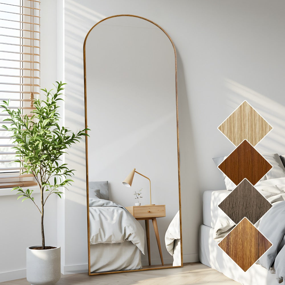 Melodieux Espejo arqueado de 161 X 52 cm con aspecto de madera de nogal y marco de aluminio, espejo de maquillaje de longitud completa independiente para colgar o montar en la pared para el baño
