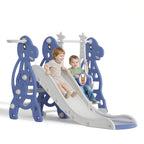 Tobogán infantil 4 en 1, tobogán con columpio y canasta de baloncesto, longitud del tobogán 145 cm, parque infantil multifuncional, para uso en interiores y exteriores, con peldaños y soportes extra anchos