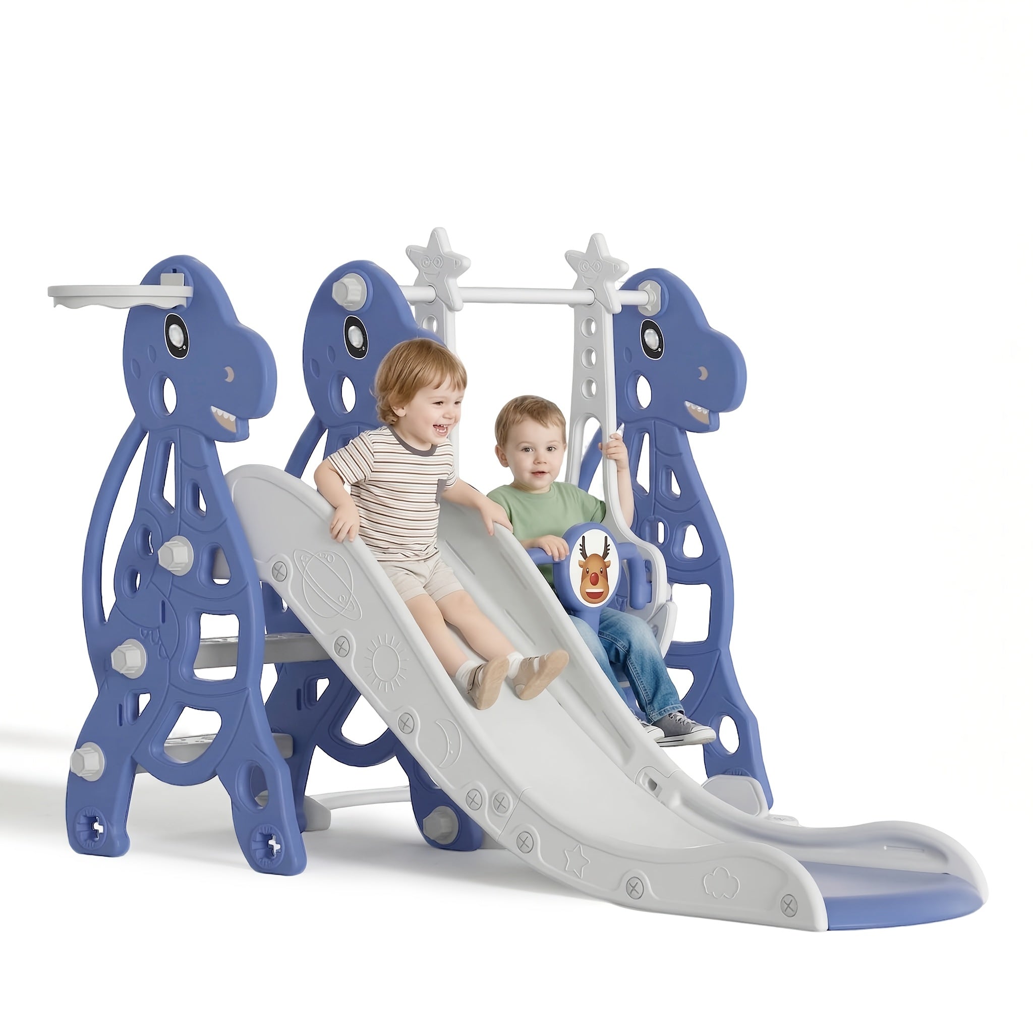 Tobogán infantil 4 en 1, tobogán con columpio y canasta de baloncesto, longitud del tobogán 145 cm, parque infantil multifuncional, para uso en interiores y exteriores, con peldaños y soportes extra anchos